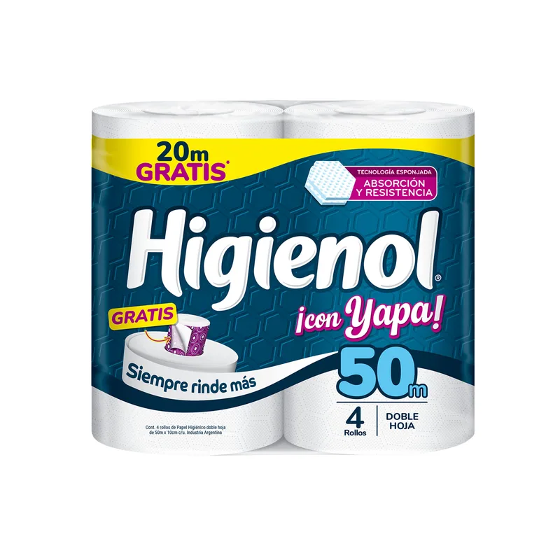 Papel higiénico Higienol doble hoja 4 rollos x 50 m (con Yapa)